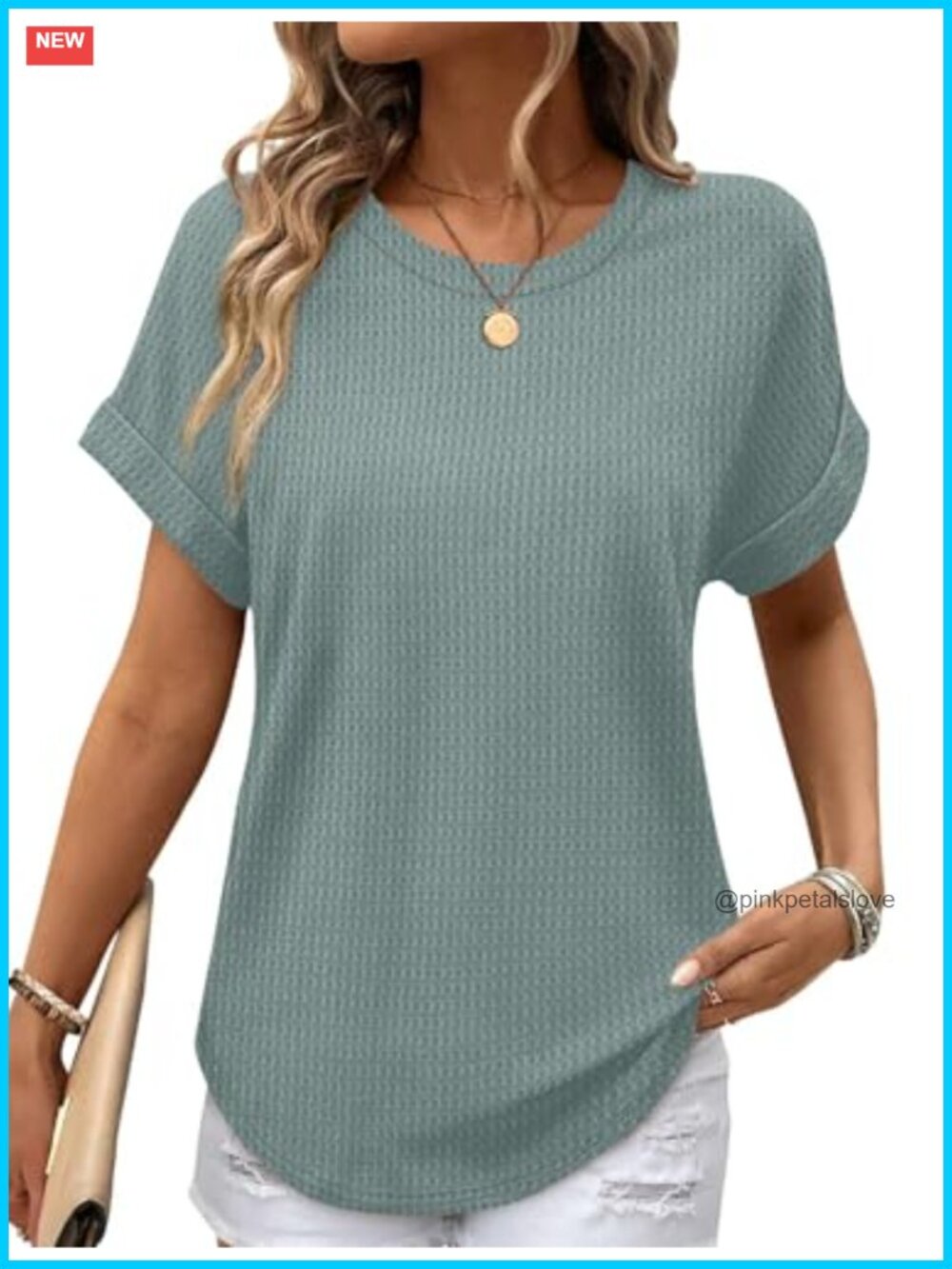 Waffle Knit Crew Neck Short Sleeve Tunic Top Loose Fit Curved Hem